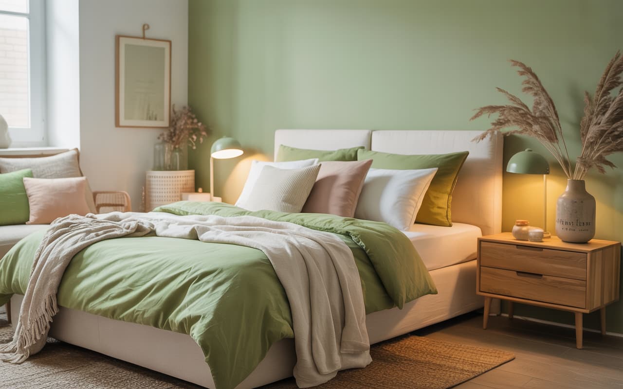 Bedroom with soft green walls, white bedding, wooden bedside table, neutral décor, bright airy interior, modern cozy Pinterest aesthetic.”