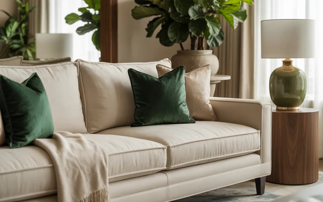 Beige sofa living room styled with green accessories, tasteful and elegant decor.