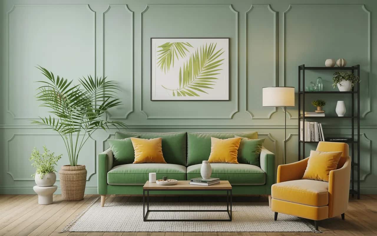 Living room with green sofa, yellow cushions, light green walls, cozy and stylish interior, Pinterest-ready décor