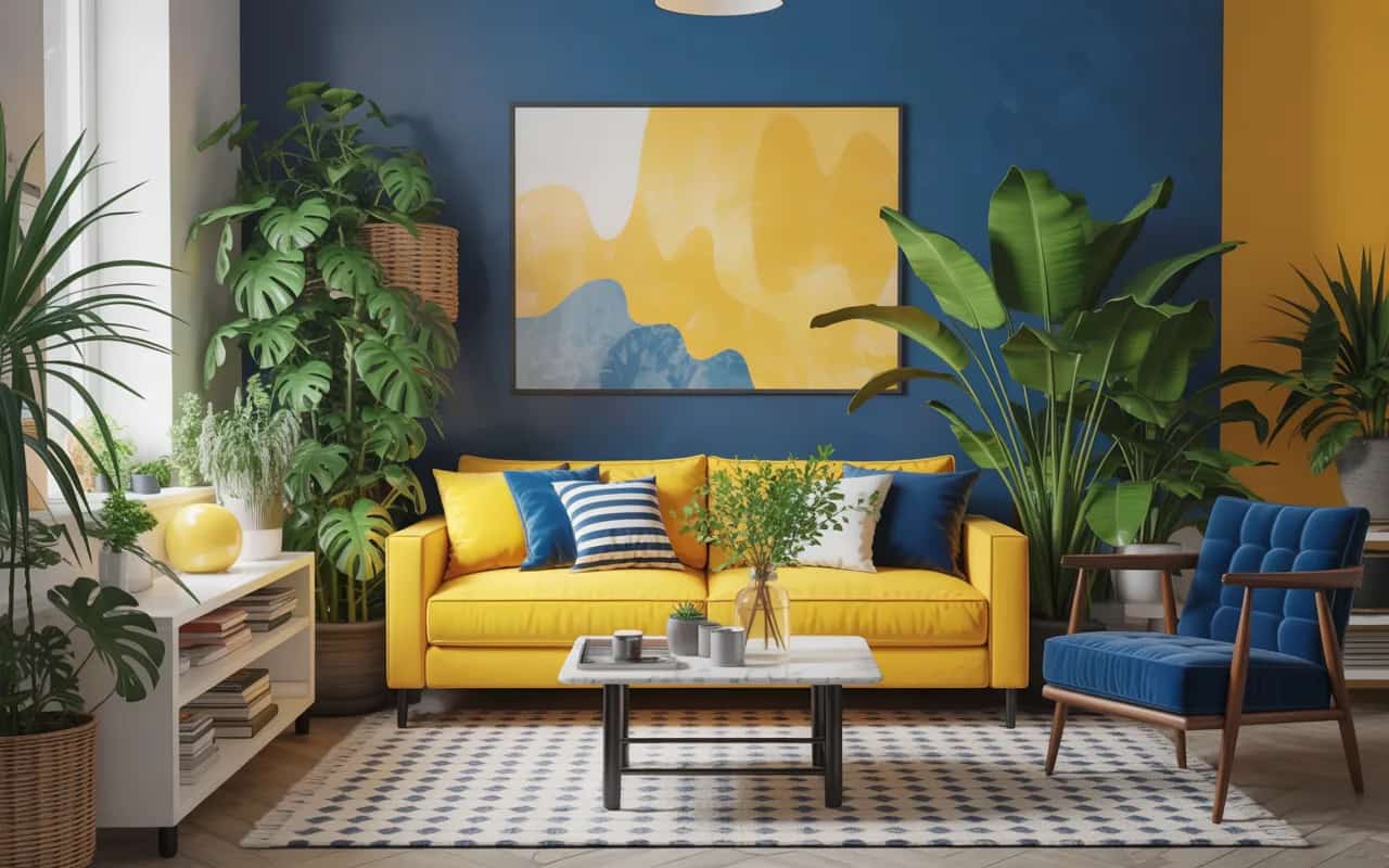 Yellow and blue living room with indoor plants, potted greenery, cozy modern interior, bright and stylish Pinterest-ready décor