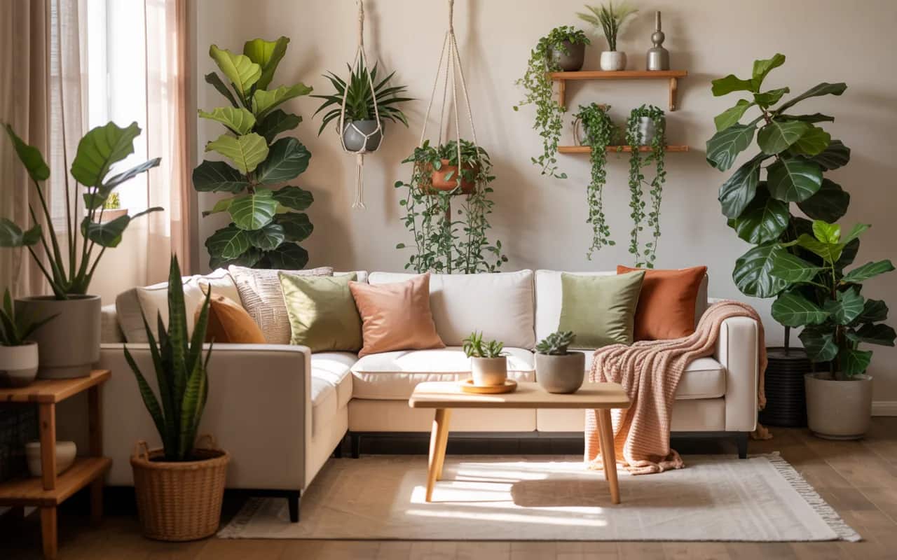 Living room with seasonal plant styling, cozy décor, fresh indoor greenery