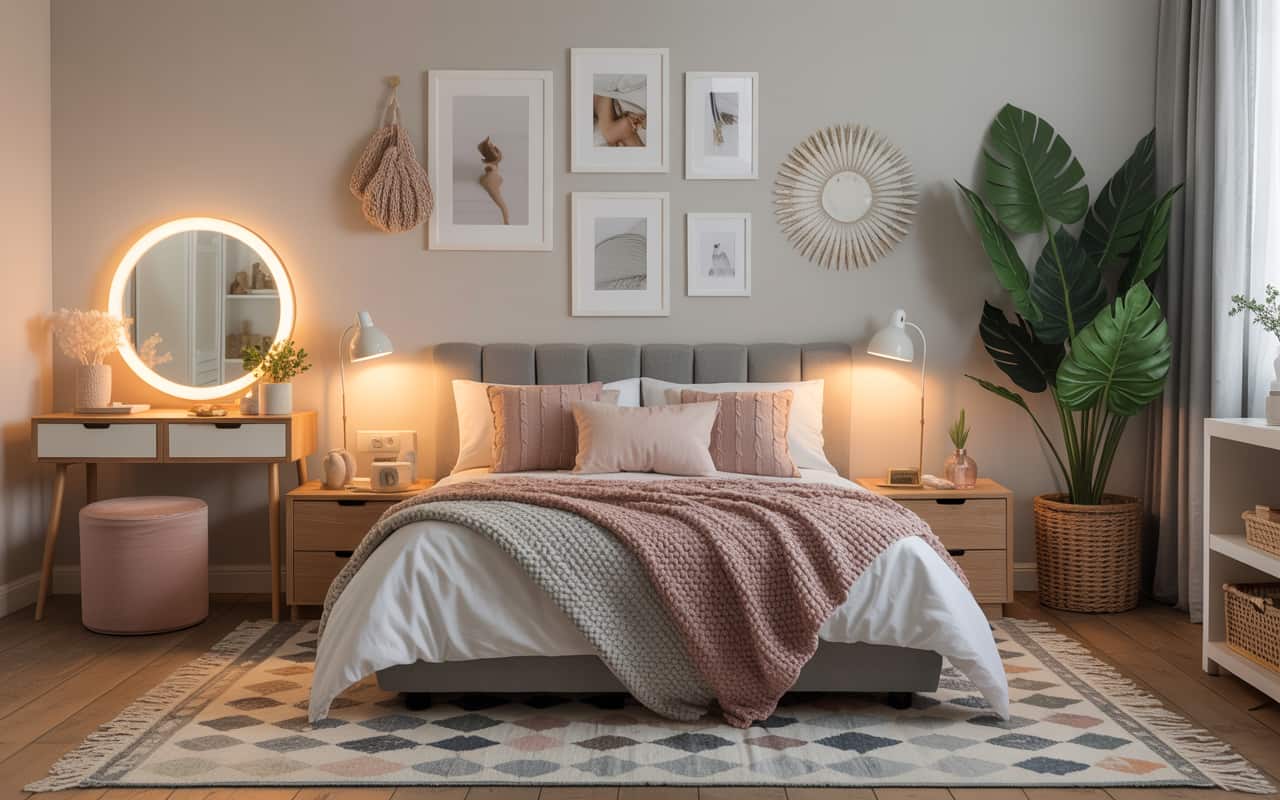 Modern bedroom with gallery wall, framed photos, soft lighting, cozy Pinterest aesthetic