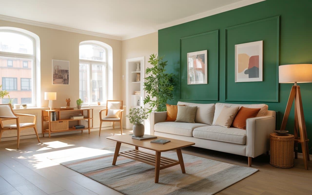 Living room with emerald green feature wall, neutral sofa, wooden furniture, bright airy interior, stylish Pinterest décor.”