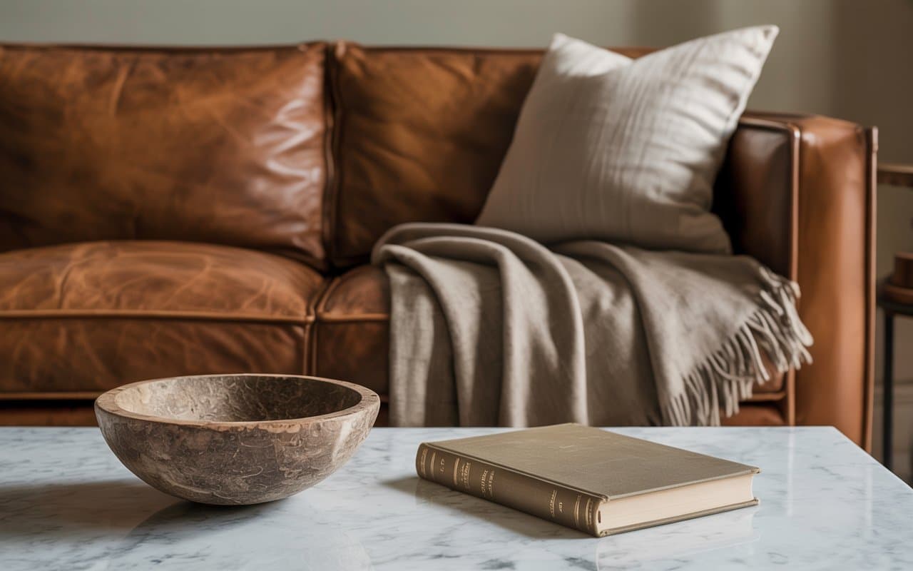 Close-up of a living room arrangement. A leather sofa topped with a linen pillow and a wool blanket. In front is a marble coffee table holding a rough-hewn wooden bowl and a smooth silk-bound book.