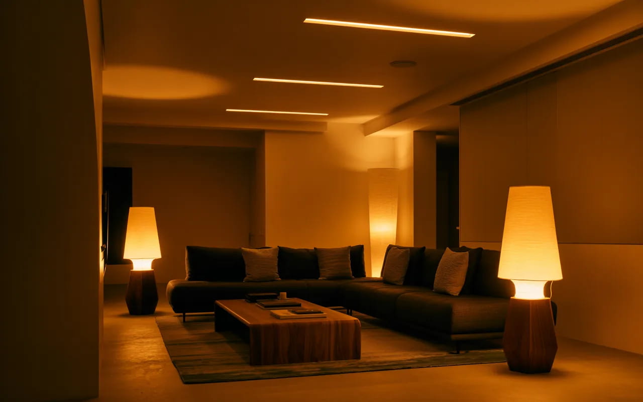 "Cozy living room with dimmable ceiling lights and floor lamps, warm ambient glow, modern furniture, inviting stylish interior."