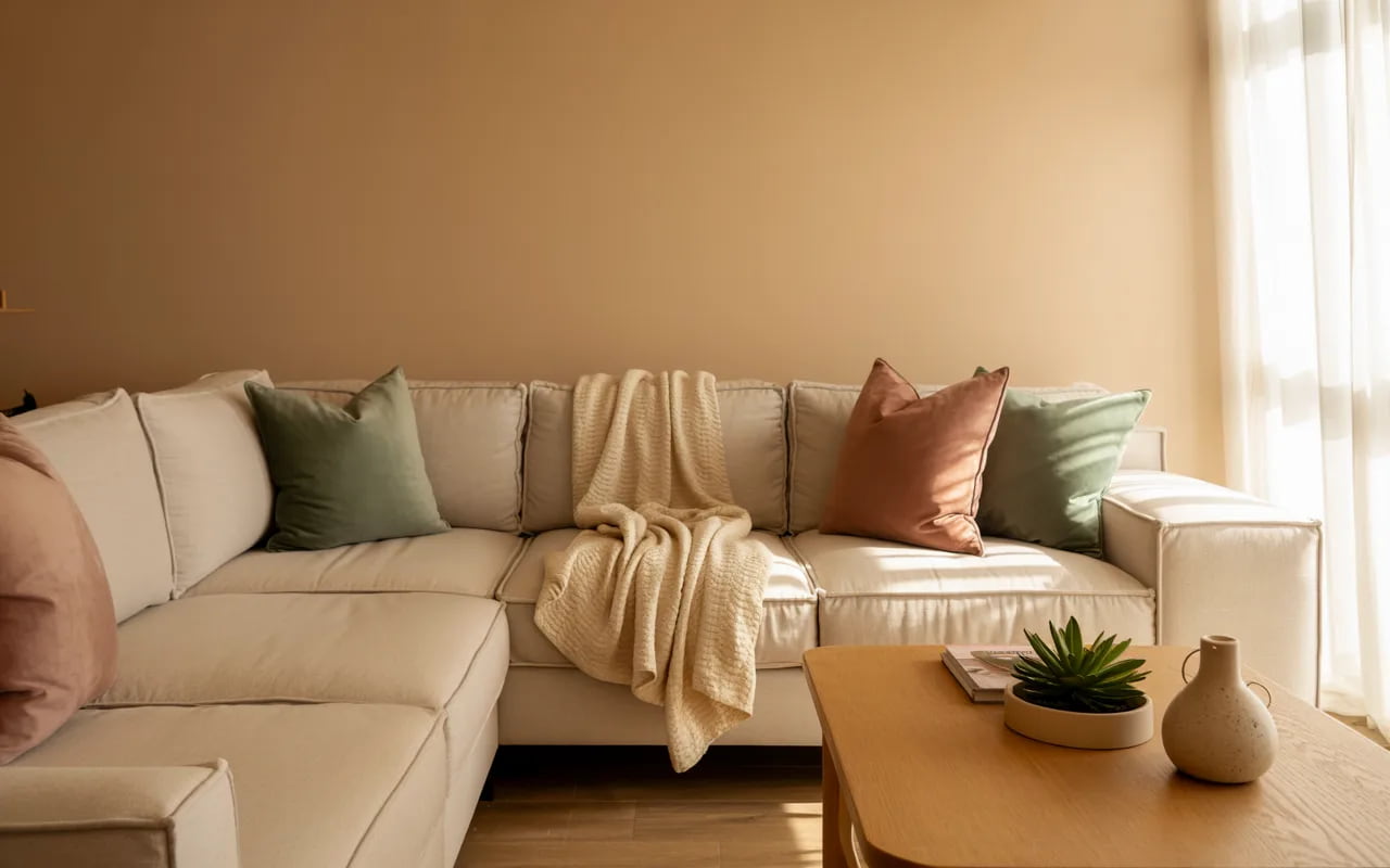 Apartment living room with beige walls, neutral sofa, and soft accent colors.