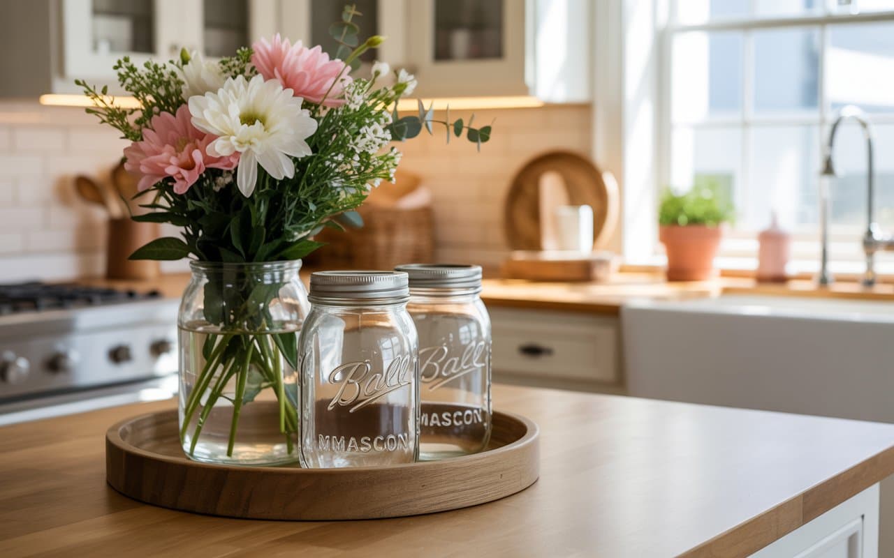 Farmhouse kitchen counter with mason jars, wooden tray, fresh flowers, rustic decor, bright warm lighting.