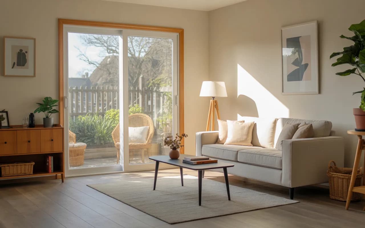 Small living room with sliding glass garden doors, light wood frame, small sofa, and compact coffee table.