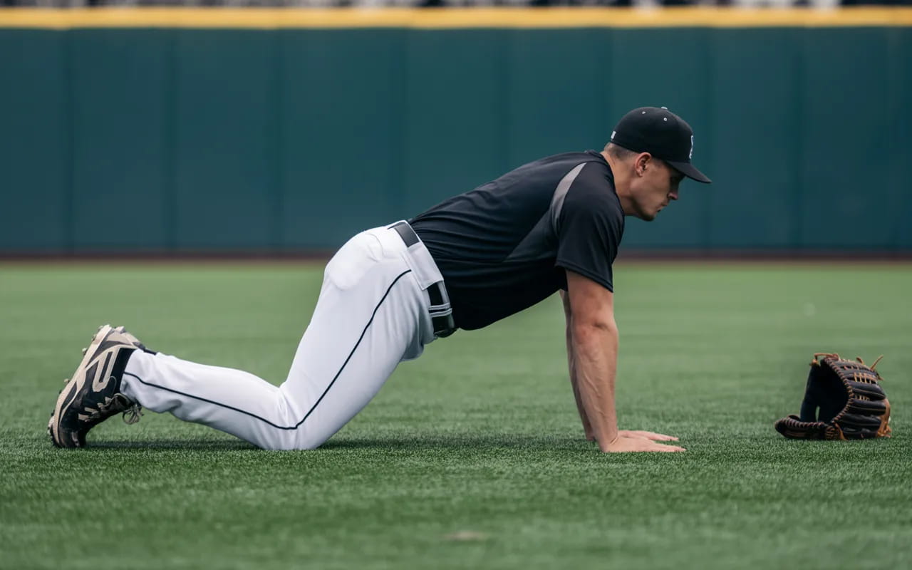 Athletic baseball player doing core strengthening exercises on a turf field, with baseball gear nearby, showing intense focus.