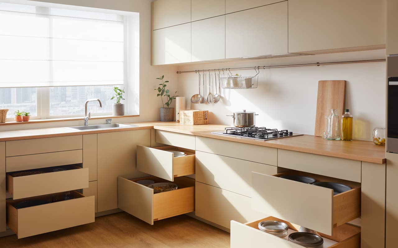 Modern kitchen with organized drawers, hanging utensil racks, clean countertops, bright natural light, minimalist aesthetic