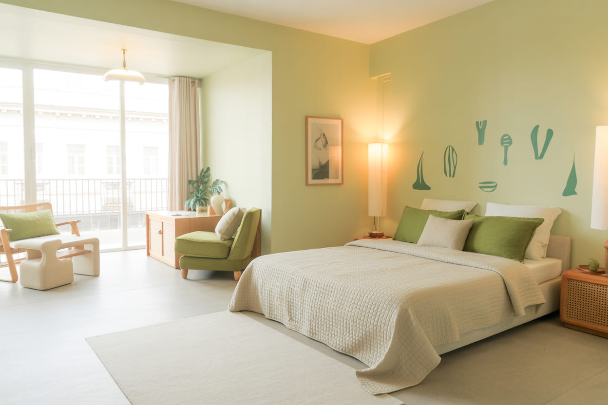 “Open and airy bedroom with green accents, minimalist furniture, neutral bedding, bright natural light, Pinterest-style photo.”