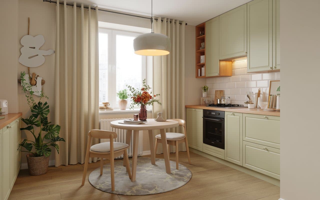 Small round kitchen table with cozy chairs, floral centerpiece, warm lighting, Pinterest-friendly compact kitchen.