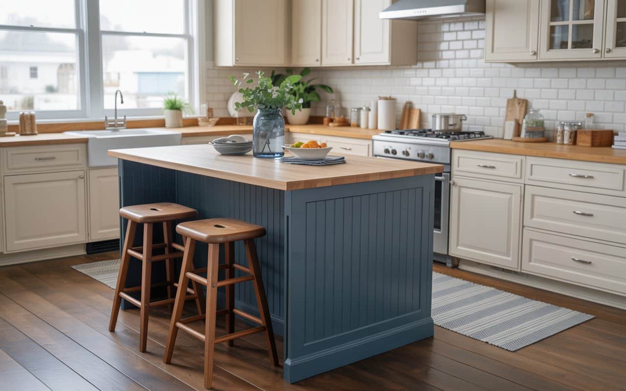 DIY painted kitchen island in navy blue, neutral countertop, cozy kitchen, stylish bar stools, Pinterest style.