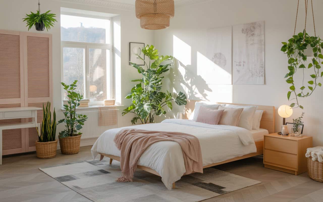 A bright aesthetic bedroom with indoor plants, hanging vines, soft natural light, Pinterest home decor style