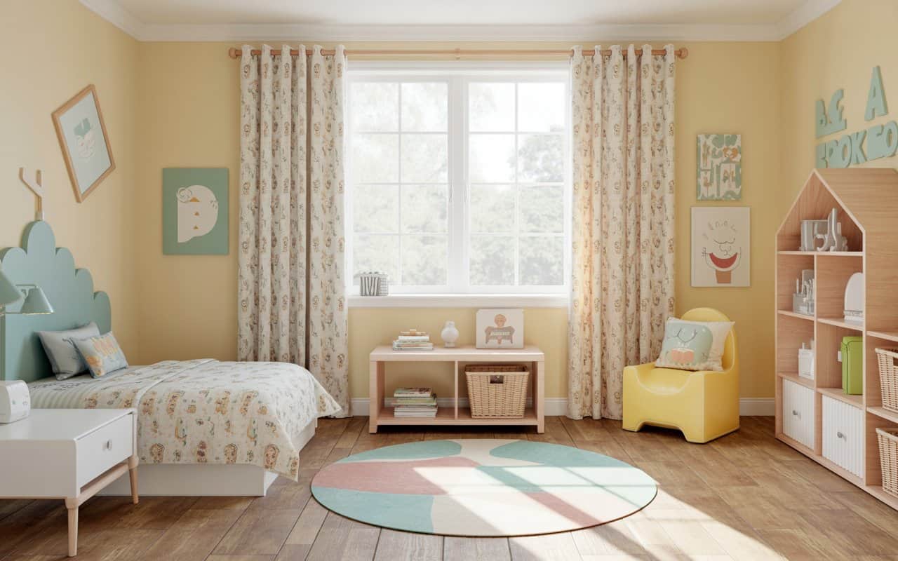 Kids room with bright patterned curtains, sunny window, playful themed decor