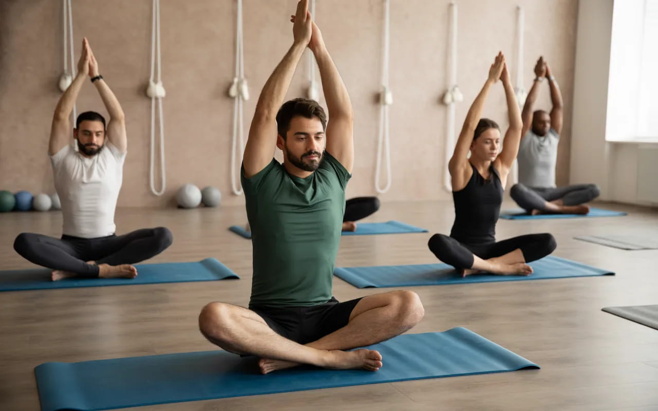 "A serene wellness studio with yoga mats and exercise equipment, people performing stretching and flexibility exercises, a trainer guiding them, calm and motivational environment"