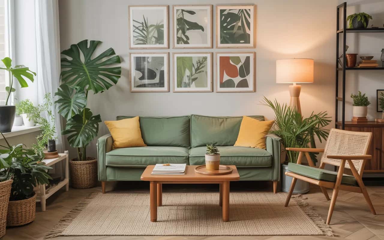 Living room with green sofa, yellow cushions, indoor plants, wooden furniture, cozy stylish interior, Pinterest-inspired décor