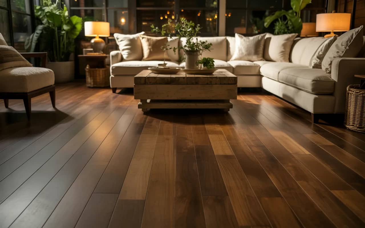 Living room with dark hardwood flooring, beige sofa, and wooden coffee table.
