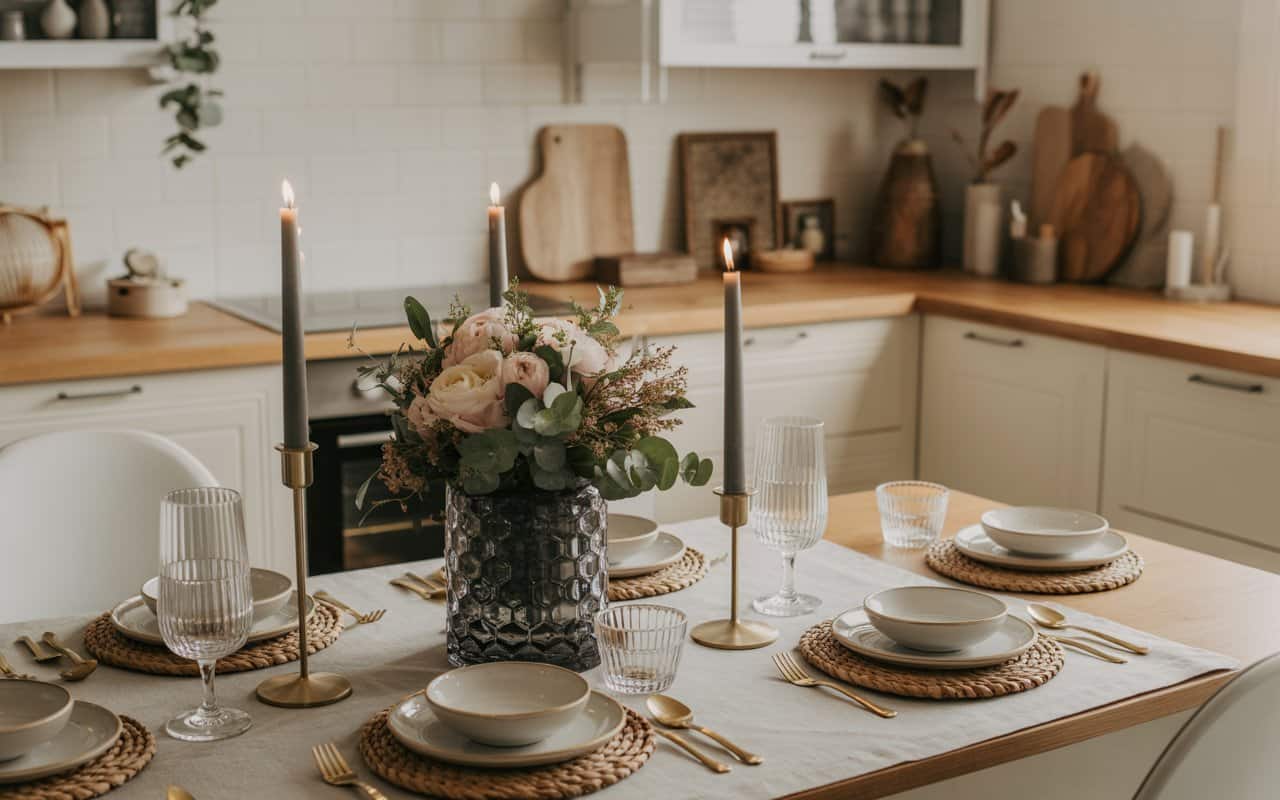 Elegant kitchen table with a floral centerpiece, candles, and seasonal decor, Pinterest aesthetic.