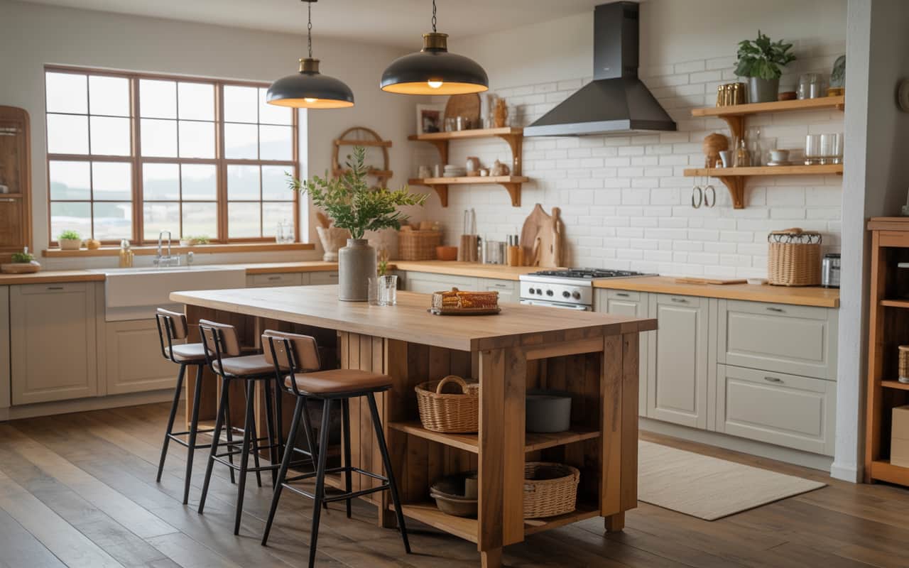 Rustic wooden kitchen island with open shelves, modern bar stools, warm pendant lights, farmhouse style kitchen, Pinterest style.