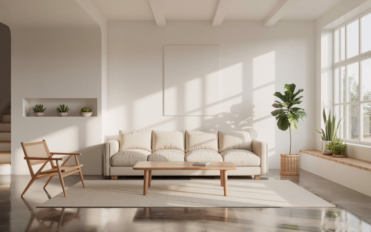 Minimalist living room with neutral tones, natural light, and indoor plants
