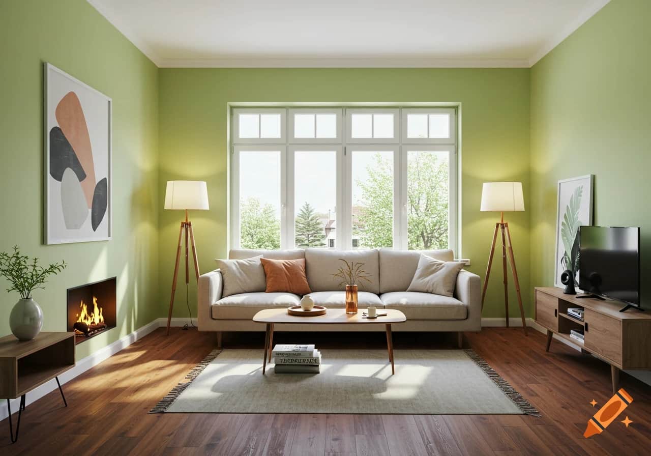 Living room with a beige sofa against a soft green accent wall, elegant and modern decor.