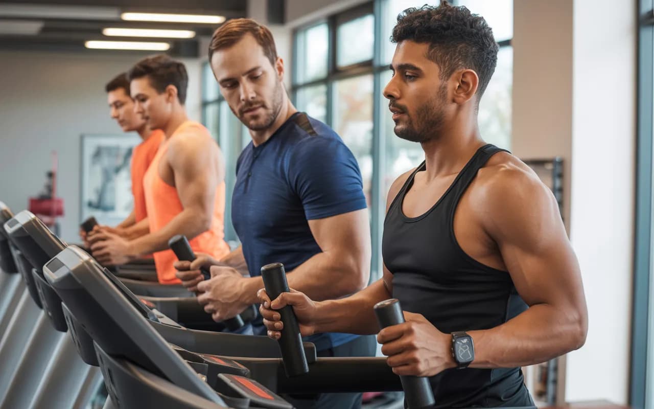 A personal trainer guiding a client on treadmill and weight exercises, highlighting personalized fitness coaching.