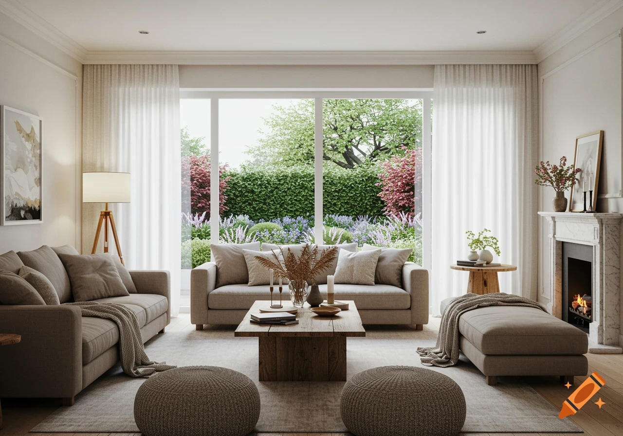 Same living room styled lightly for seasonal changes with neutral base.