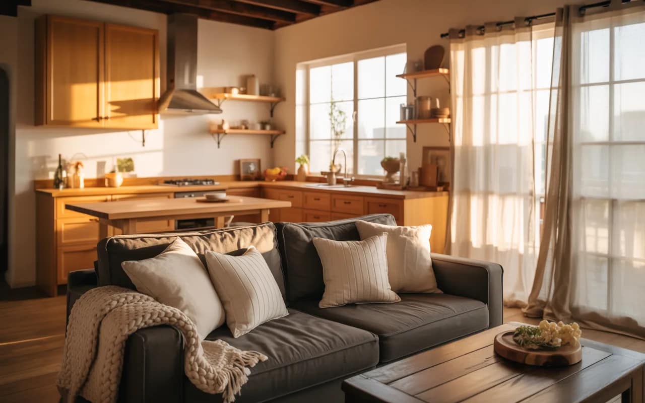 Small kitchen and living room with matching wooden accents and soft textiles.