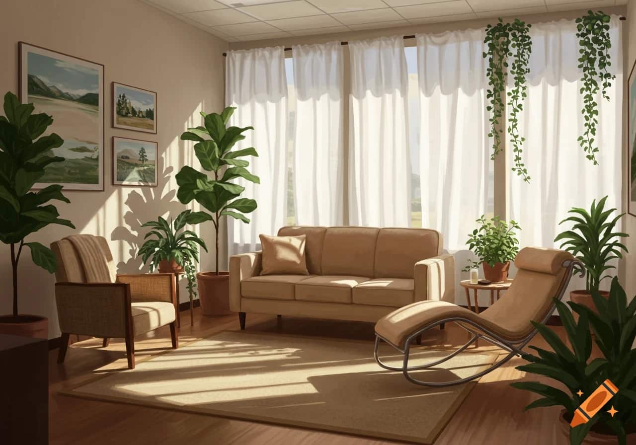 Minimal living room with one or two large indoor plants and neutral decor.