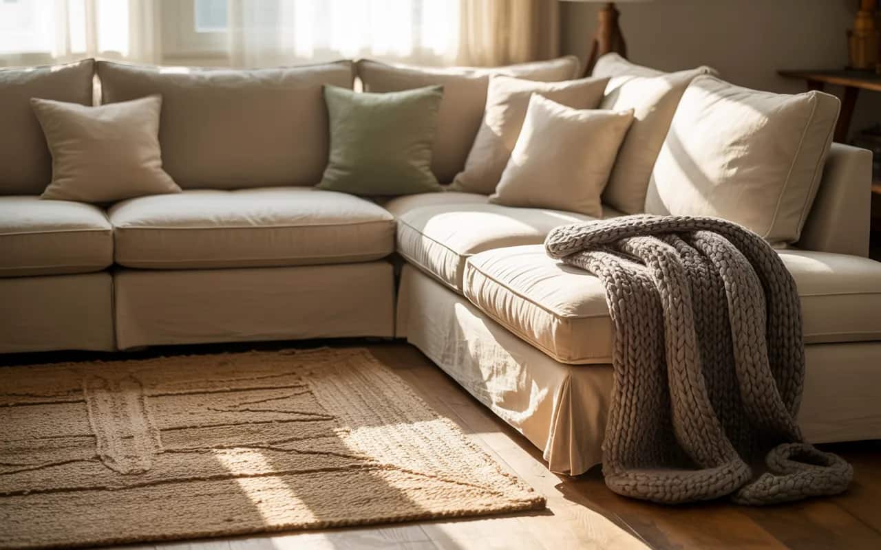 Cozy living room with layered textures like linen cushions, wool throw, and woven rug.