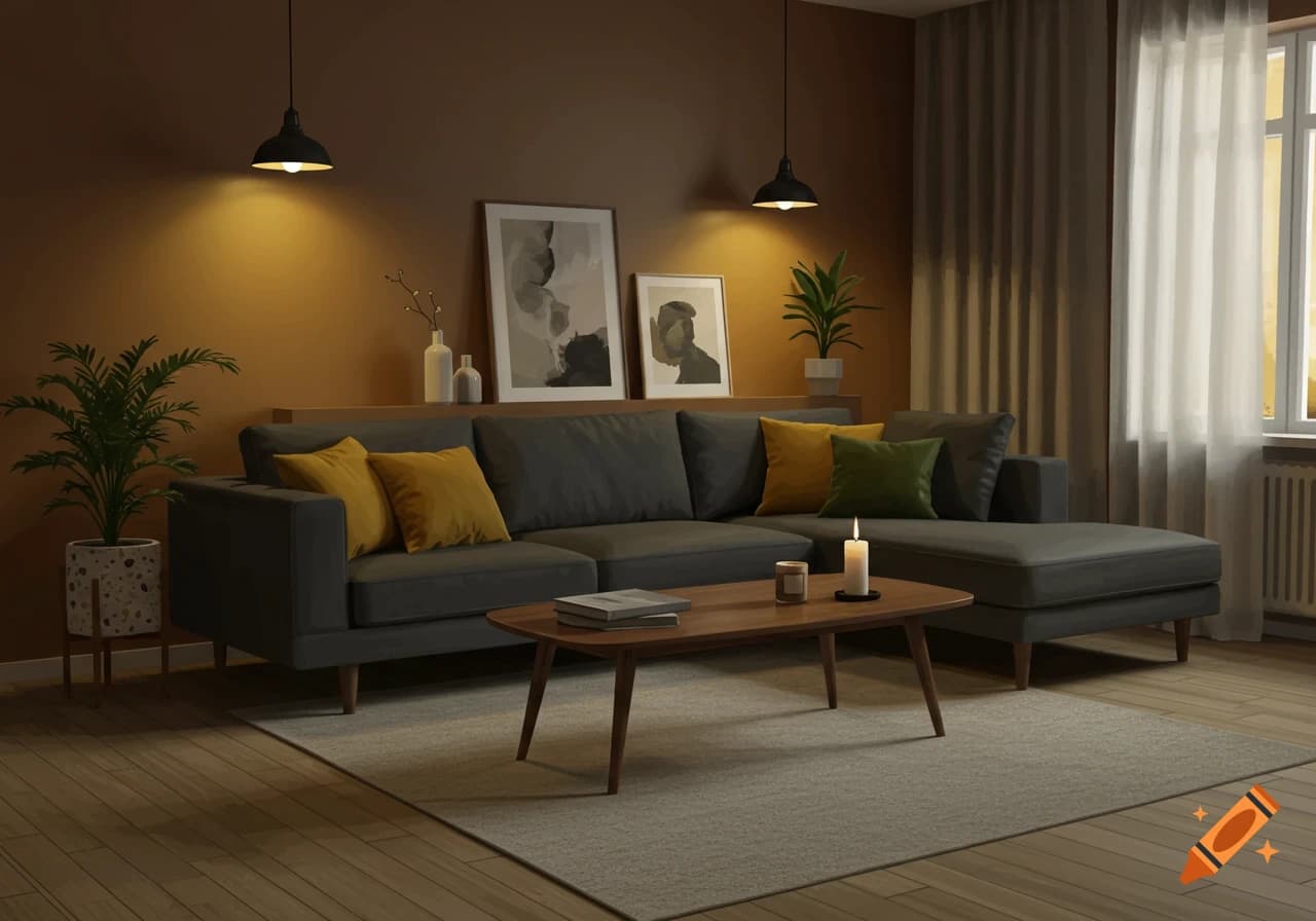 Scandinavian living room with cozy seating arrangement and soft textiles.