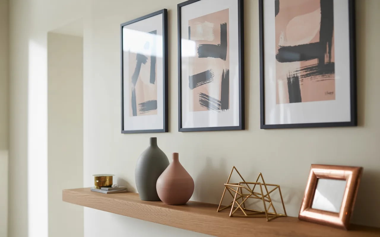 Living room wall with framed artwork in grey and pink tones, decorative vases, and metallic accents