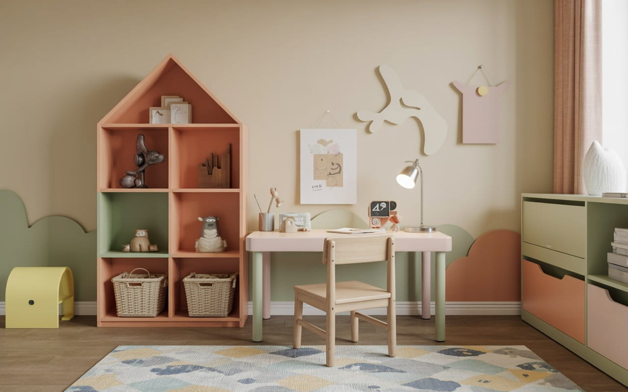 Kids room with small colorful desk, activity supplies, cozy and playful layout