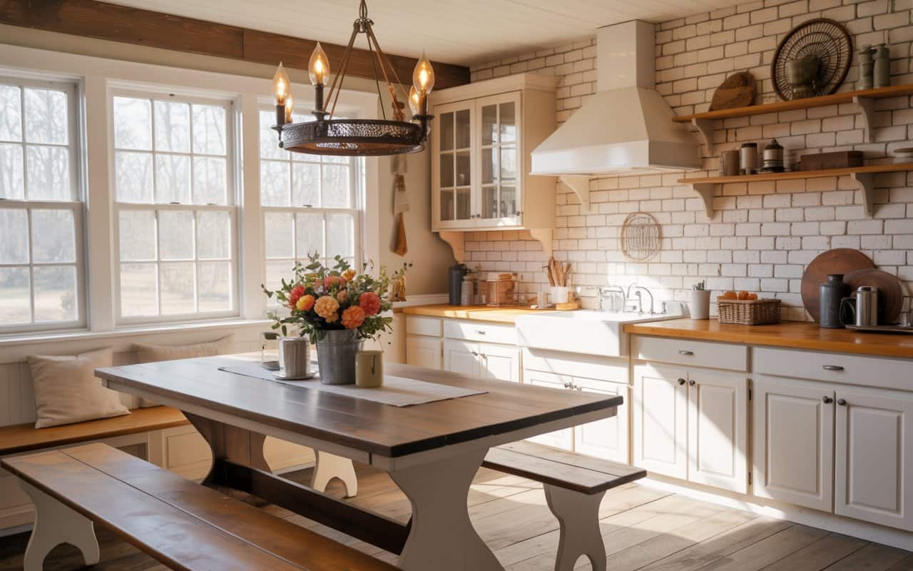 Farmhouse kitchen breakfast nook with wooden table, bench seating, floral centerpiece, rustic decor, warm lighting.