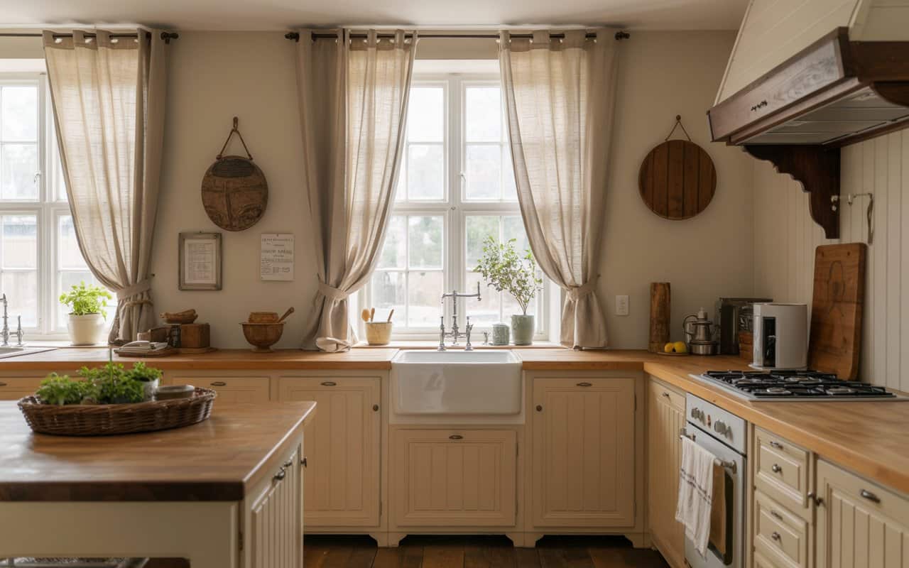 Farmhouse kitchen with neutral walls, wooden countertops, linen curtains, rustic accents, bright natural lighting.