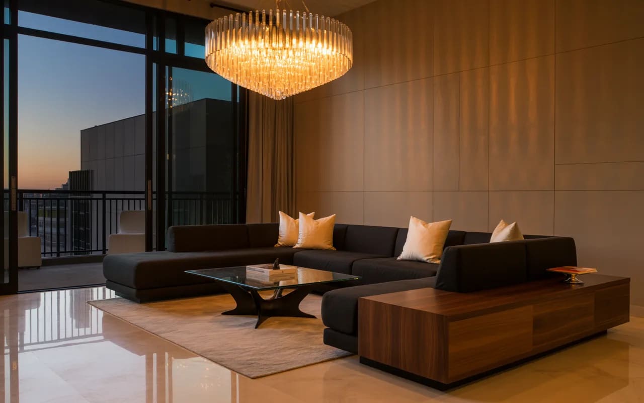 Modern living room with warm chandelier lighting, stylish furniture, cozy ambient glow, elegant luxury interior."