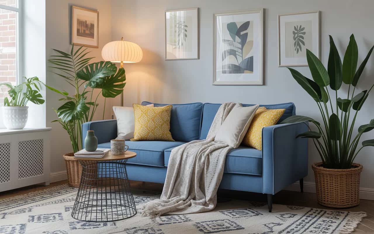 Living room with blue sofa, yellow patterned cushions, layered throws, cozy stylish interior, Pinterest-ready décor