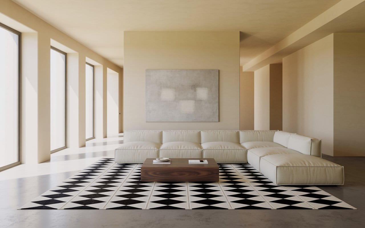 Minimalist modern living room with geometric rugs and neutral furniture
