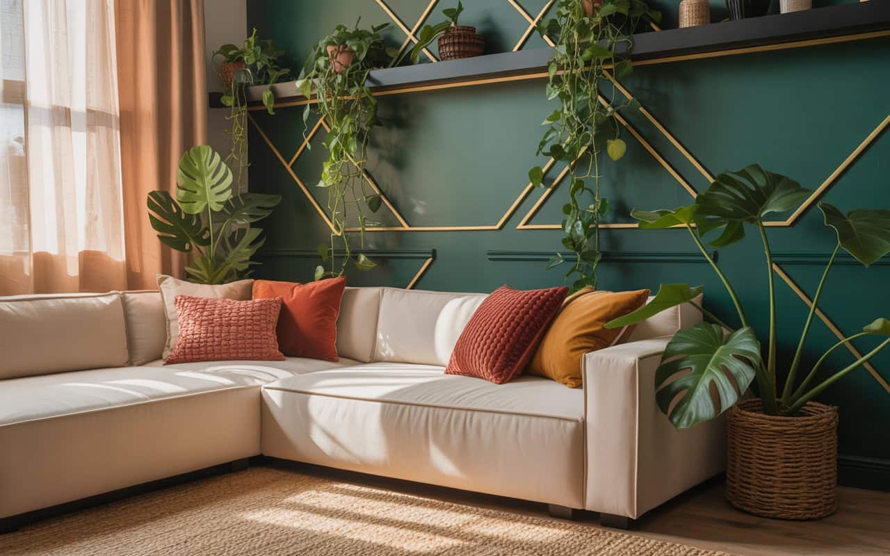 Trendy living room with statement wall, indoor plants, and layered textures