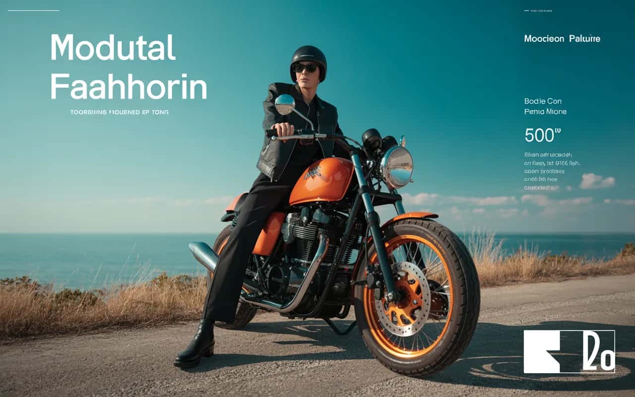 Digital fashion campaign featuring motorcycle, bold styling, social media-ready composition, high contrast, modern fashion branding