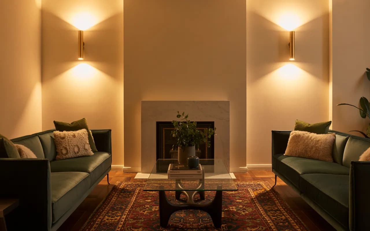 Elegant living room with wall sconces, soft warm lighting, cozy ambiance, modern furniture, stylish interior decor."