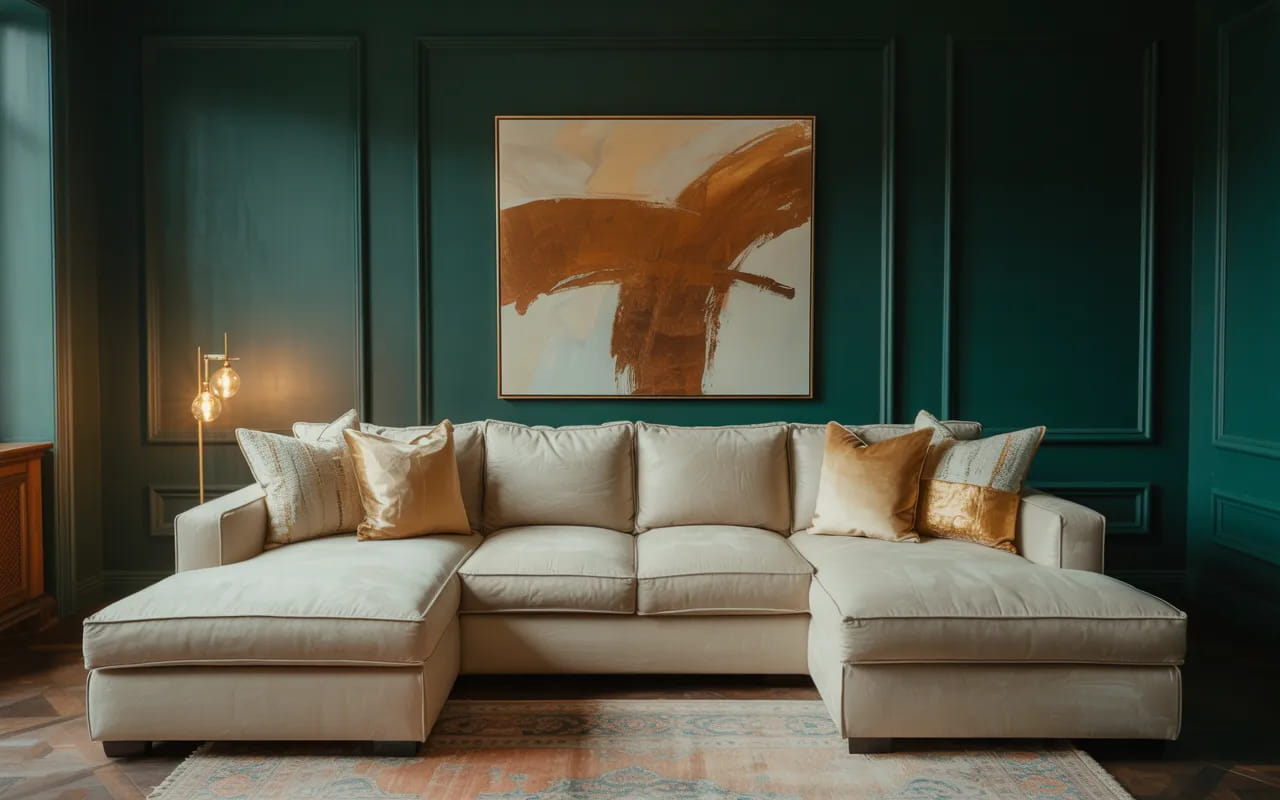 Living room with deep emerald green walls, neutral sofa, and statement artwork