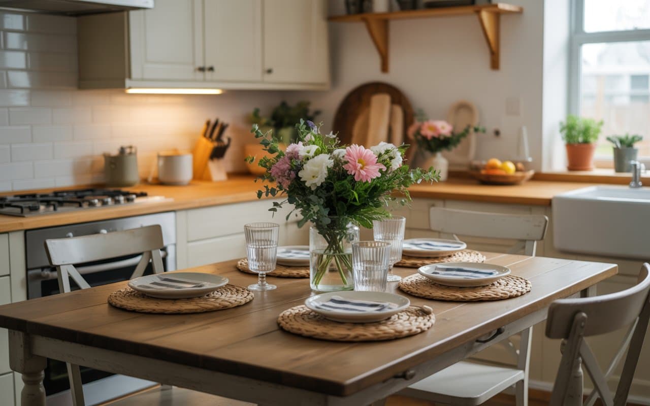Rustic wooden farmhouse kitchen table with fresh flowers, woven placemats, and cozy lighting, Pinterest-style.