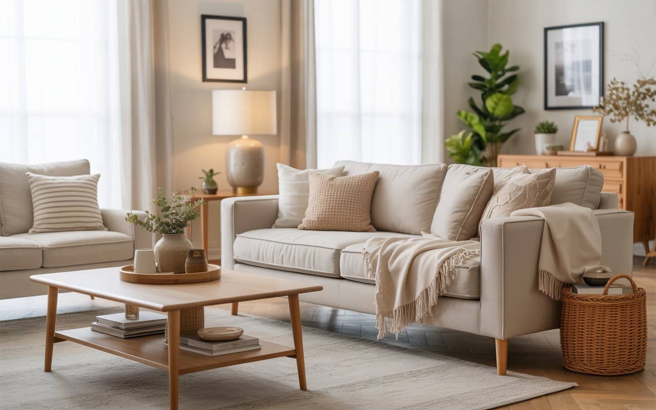 “Living room with beige sofa, small décor items, framed photos, wooden coffee table, bright airy interior, cozy modern Pinterest-style space.”