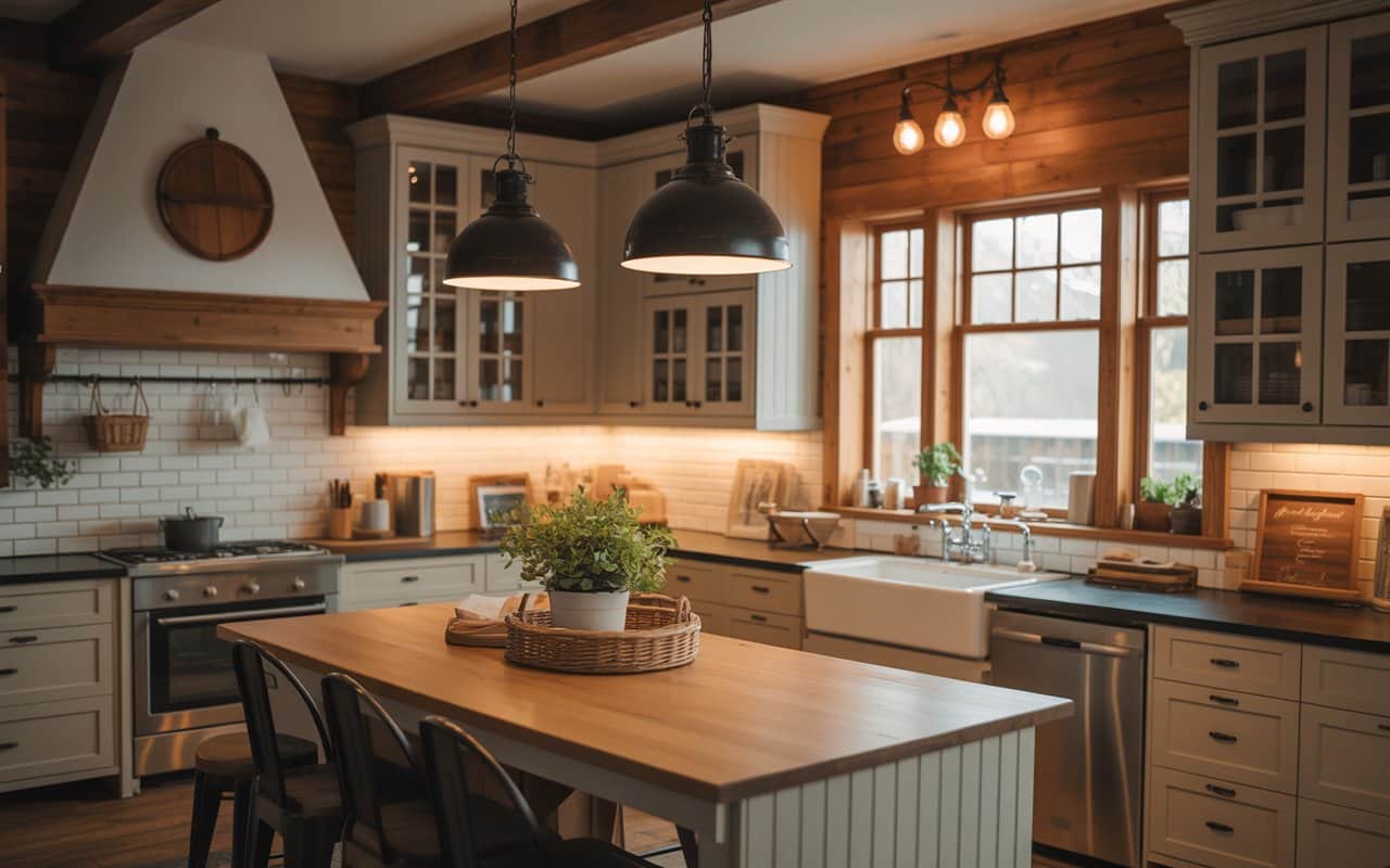 Farmhouse kitchen with black metal pendant lights, warm lighting, wooden cabinets, rustic decor, cozy interior.