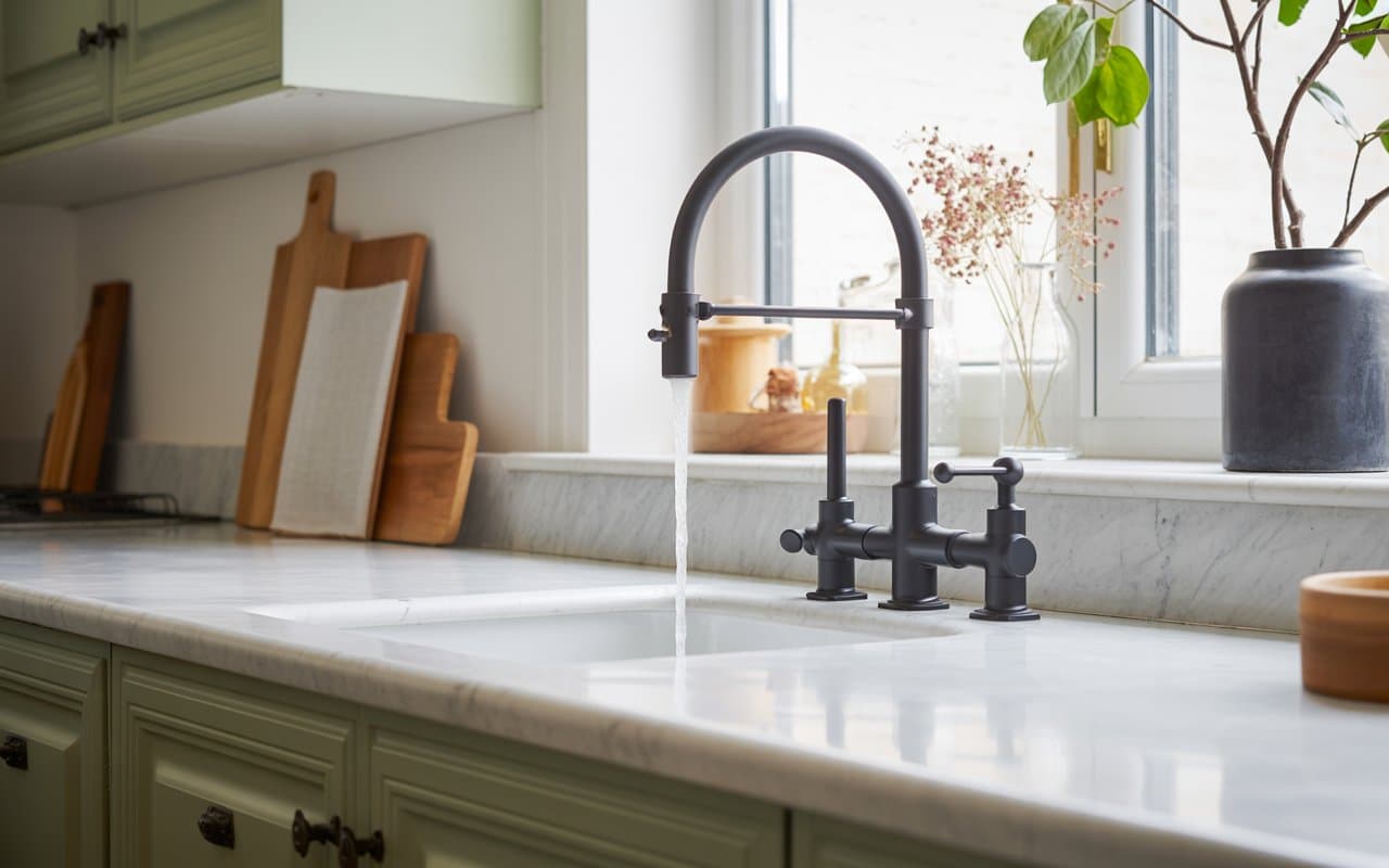 Kitchen sink with matte black statement faucet, marble countertops, natural lighting, stylish and modern design