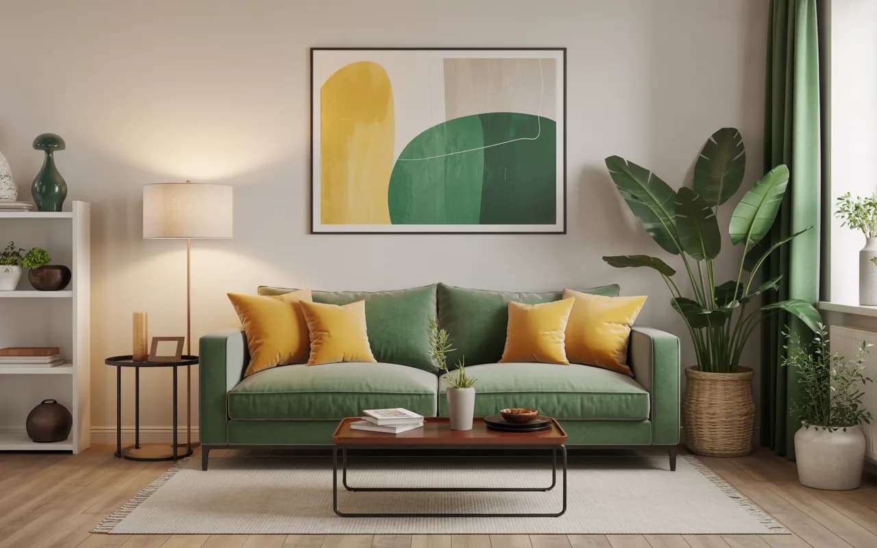 Living room with green sofa, yellow cushions, neutral walls, balanced stylish cozy interior, Pinterest-ready décor