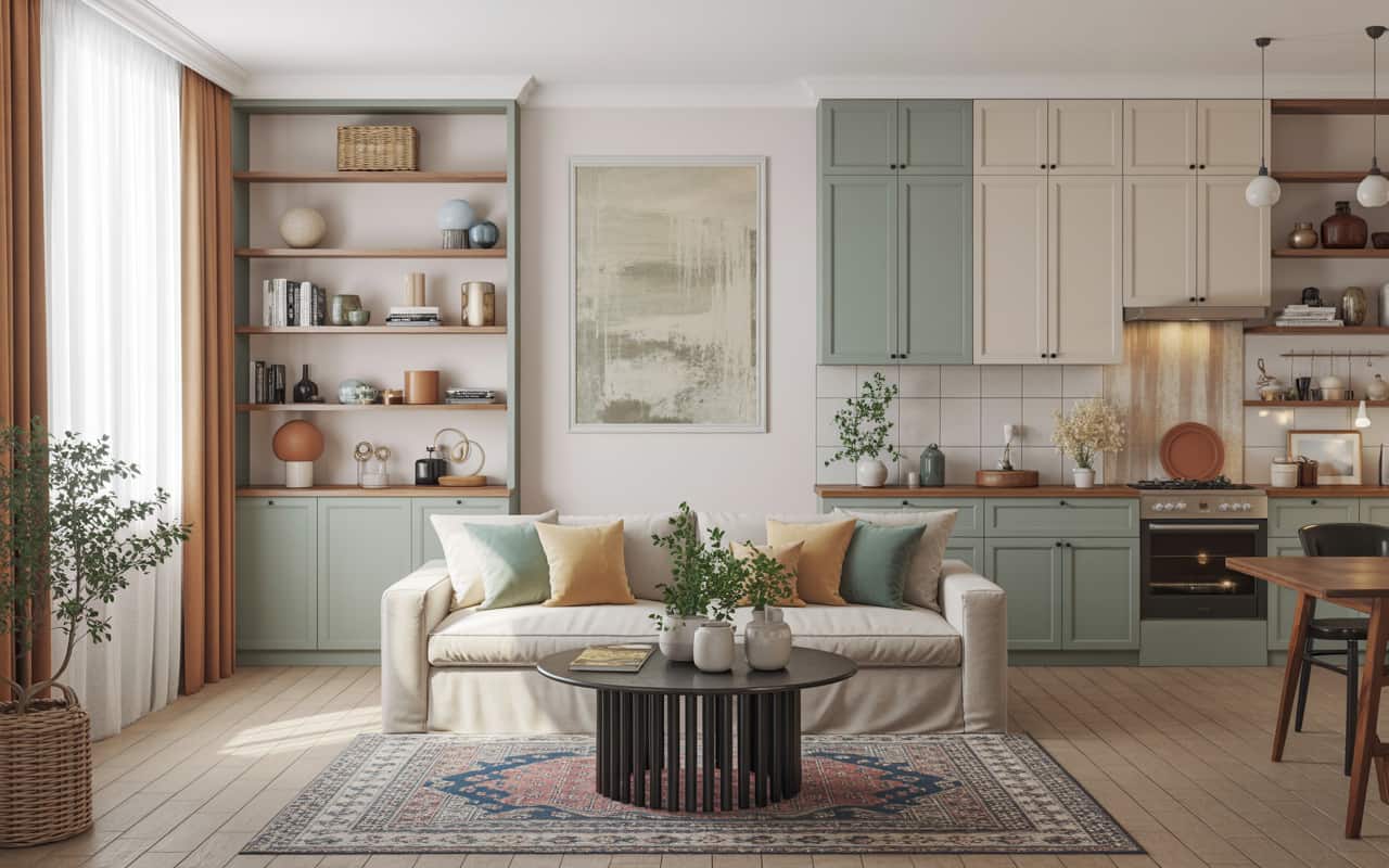 Bedroom with floor-to-ceiling curtains, natural light streaming, cozy decor