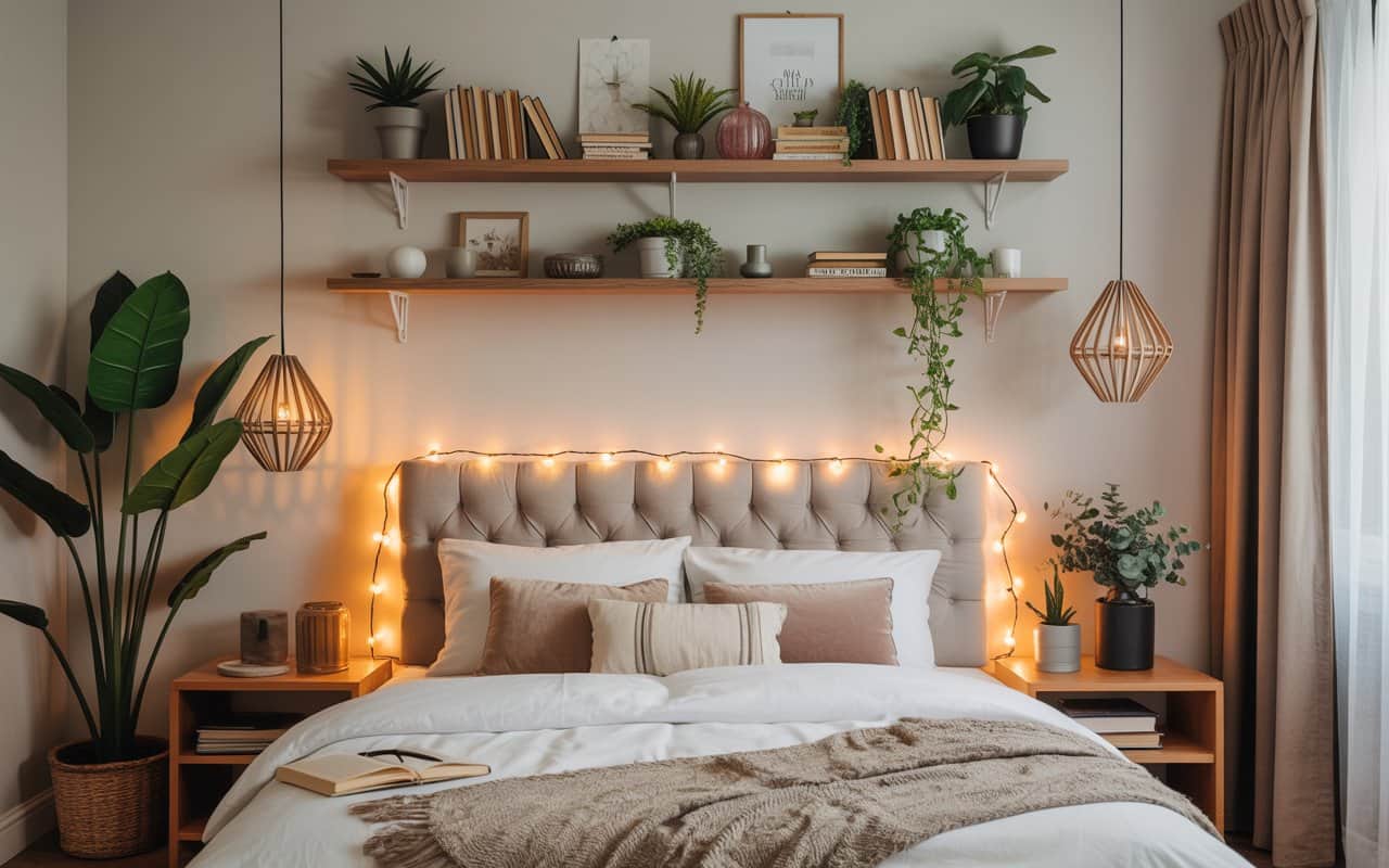 Bedroom corner with a tall potted plant, hanging planters, neutral decor, cozy natural light